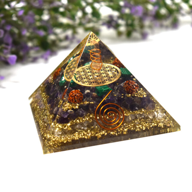 Amethyst Crystal Quartz Flower of Life Rudraksha Orgone Pyramid