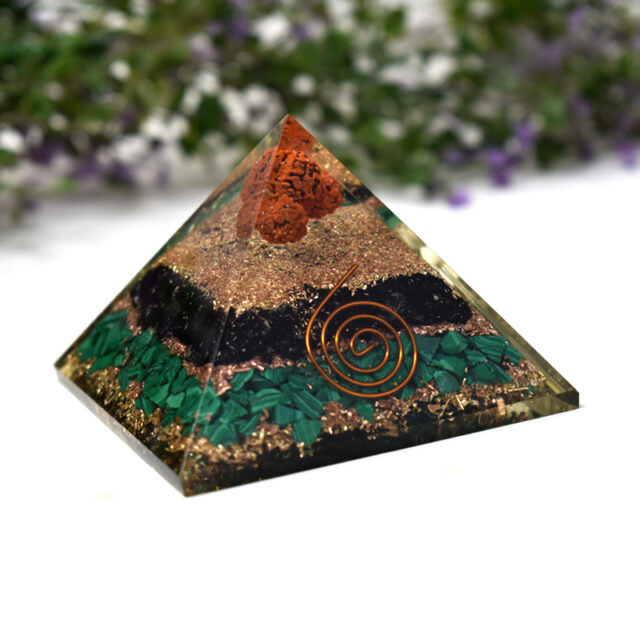 Black Tourmaline + Malachite With Rudraksha Orgone Pyramid 1